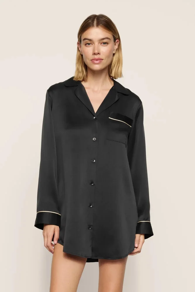 Inez Washable Silk Sleepshirt, Black/Champagne