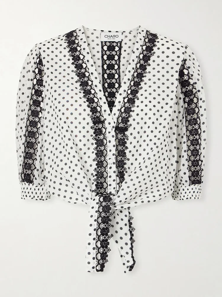 Olivar knotted guipure lace-trimmed polka-dot cotton-blend voile blouse