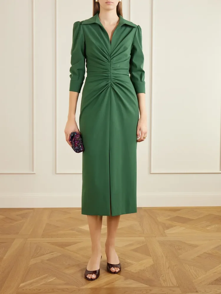 Rouched wool-blend midi dress