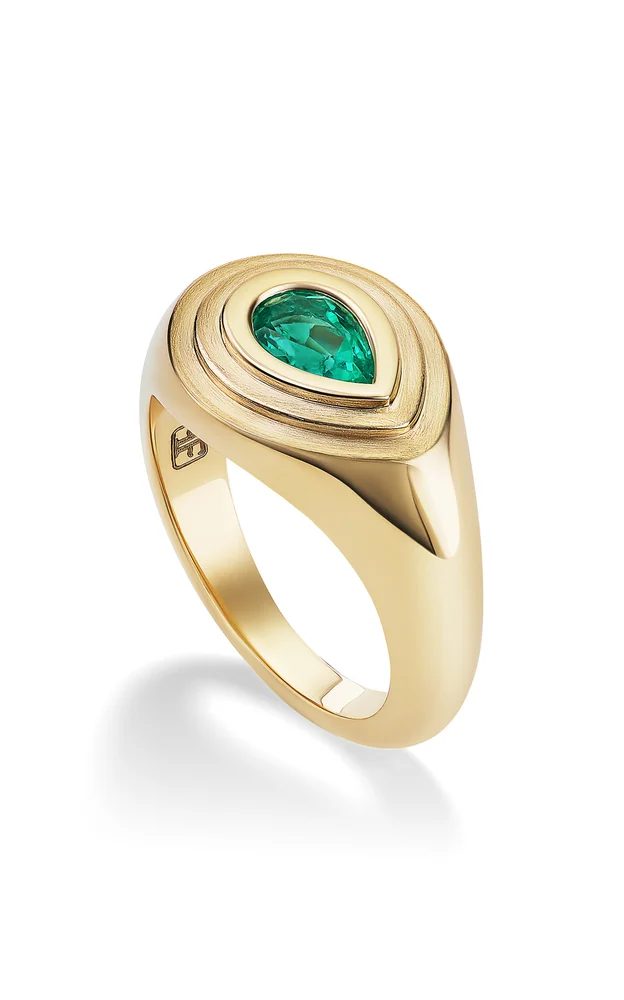 Pear Solitaire 14K Yellow Gold Emerald Signet Pinky Ring