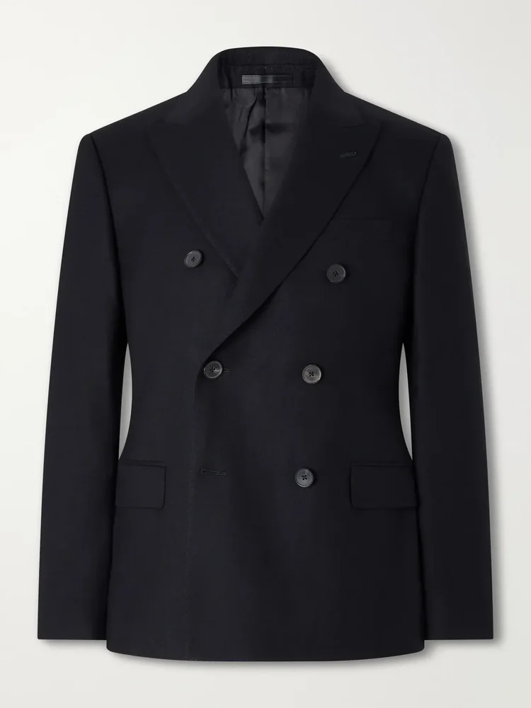 Slim-Fit Double-Breasted Satin-Trimmed Wool-Flannel Blazer