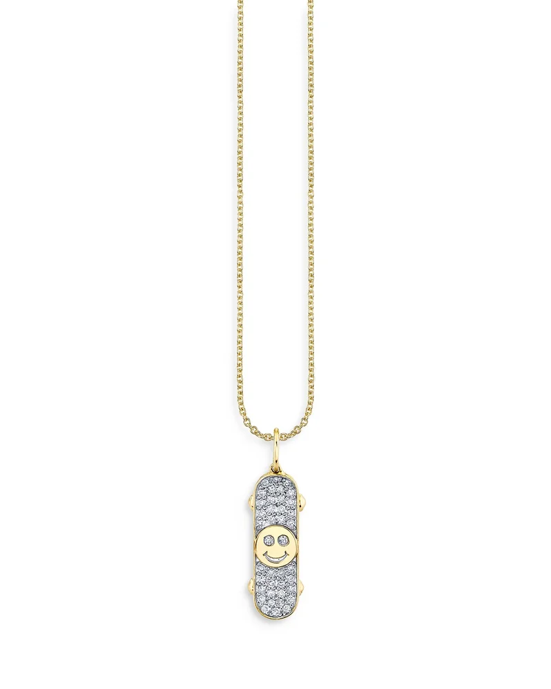 14K Yellow Gold Diamond Happy Face Skateboard Pendant Necklace, 18"