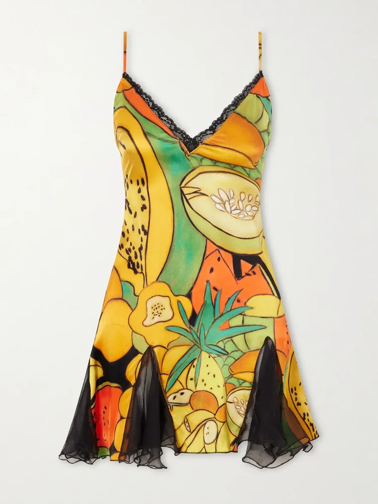 Frutas ruffled lace-trimmed printed silk-blend satin and chiffon mini dress