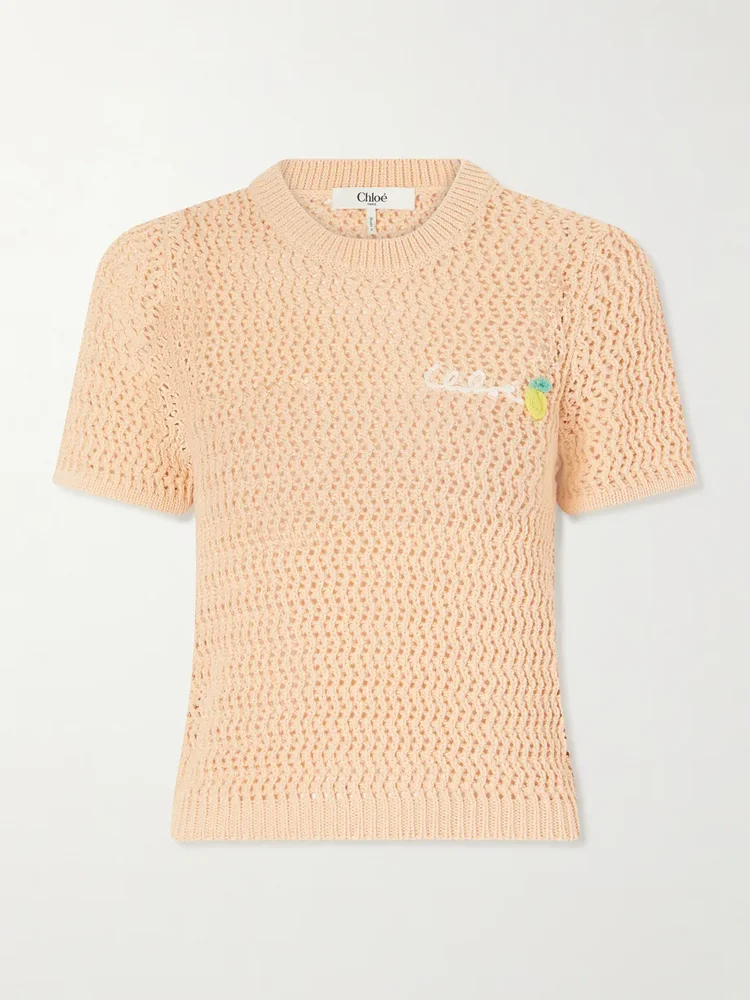 Logo-embroidered crocheted cotton T-shirt