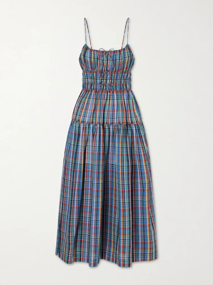Brielle gathered checked organic cotton midi dress