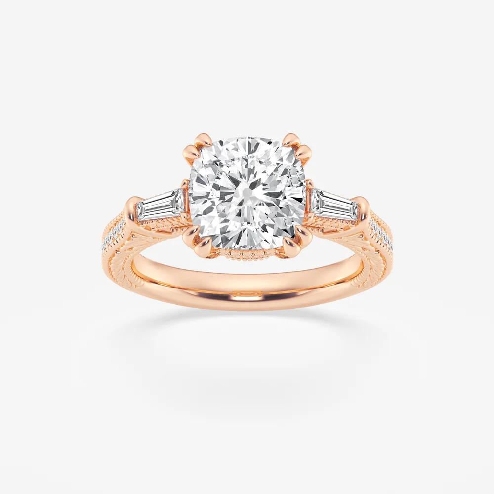 Margaret 3 1/2 ctw Cushion Old Mine Cut Lab Grown Diamond Filigree with Baguettes Side Stone Engagement Ring 14K Rose Gold