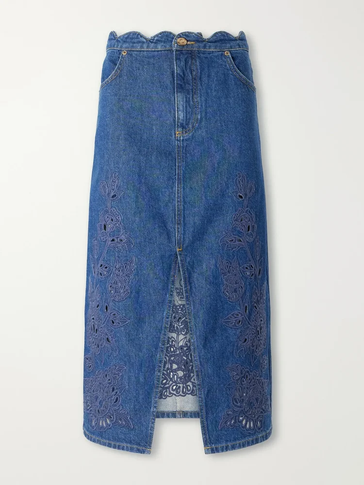 Scalloped richilieu denim midi skirt