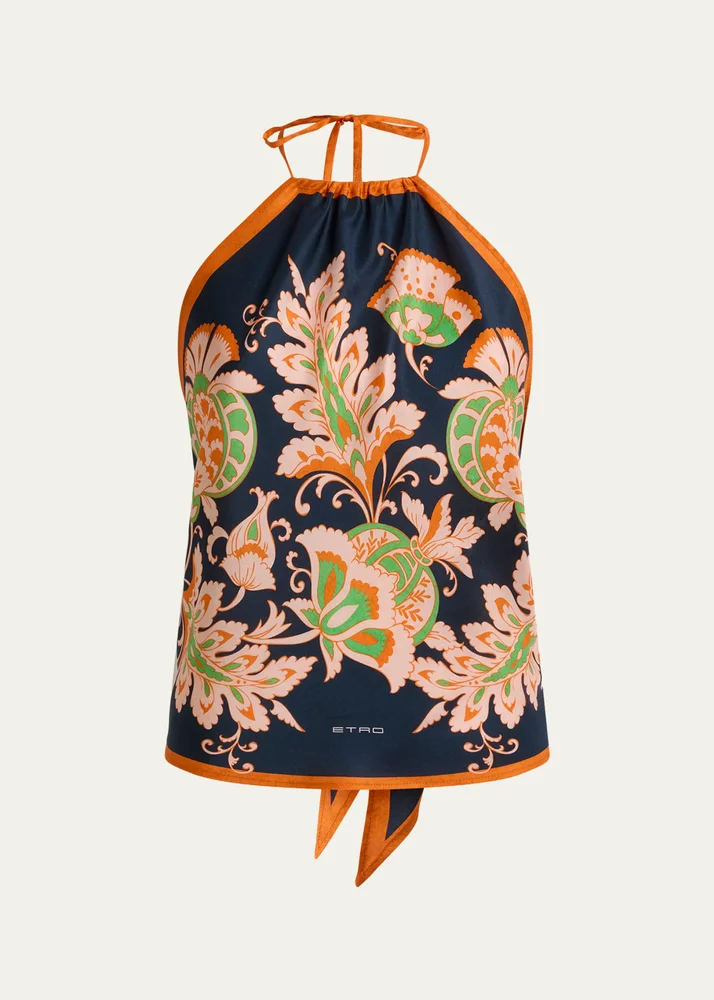 Floral-Print Silk Twill Halter Top