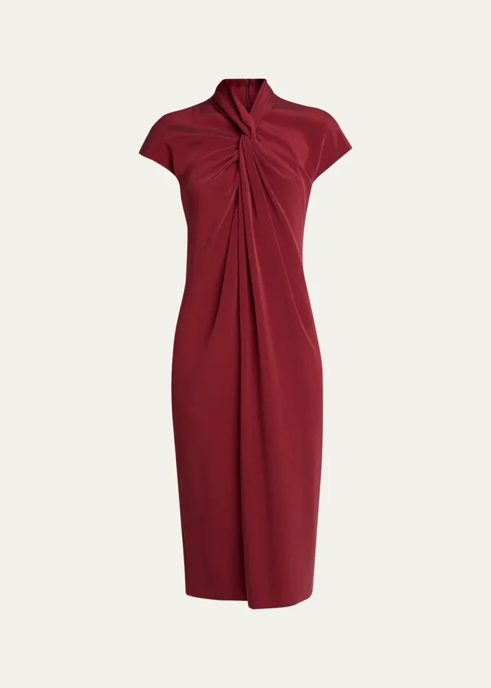 Draped Twisted-Collar Short-Sleeve Midi Dress