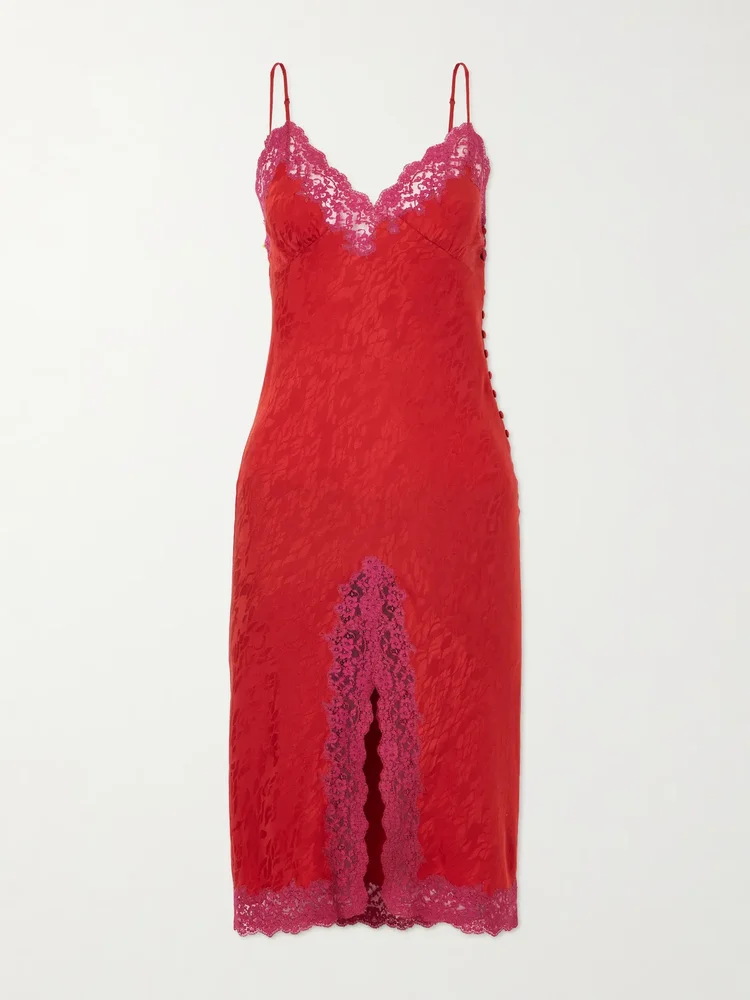 Lace-trimmed silk-satin midi dress