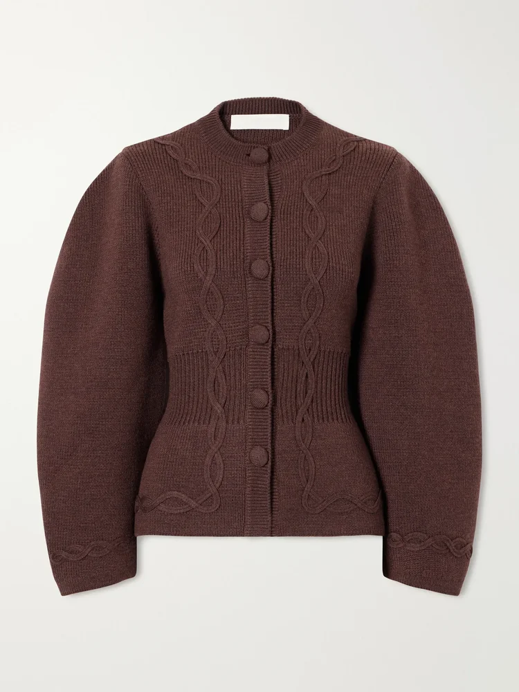Embroidered ribbed-trimmed wool cardigan