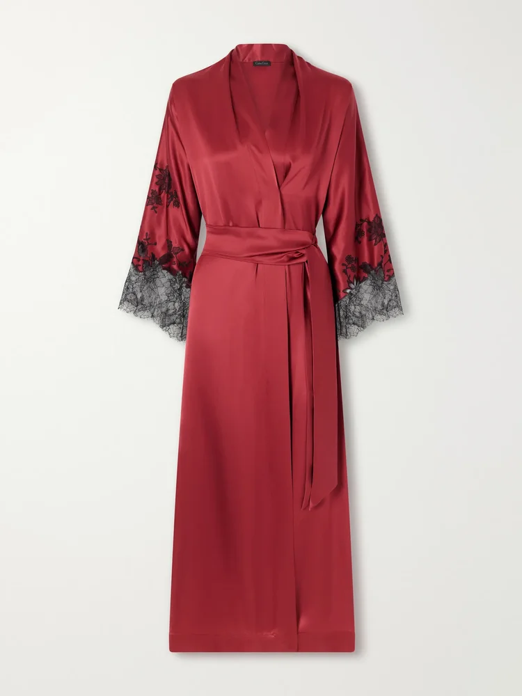 Belted lace-embroidered silk-satin robe