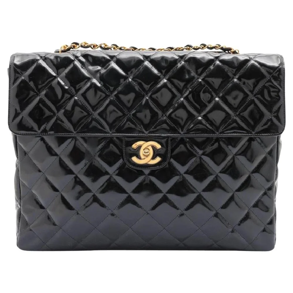 Pre-Owned XL Maxi Black Quilted Patent Single Flap Chain Bag