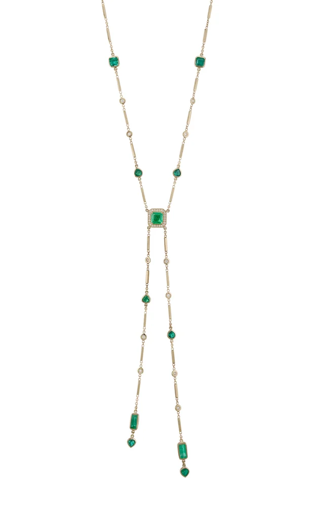 14K Yellow Gold Multi Shape Emerald And Diamond Bolo Necklace