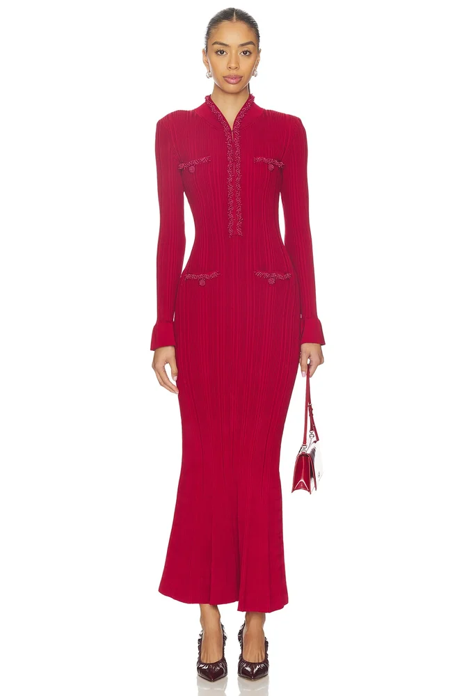 Red Pearl Trim Knit Midi Dress