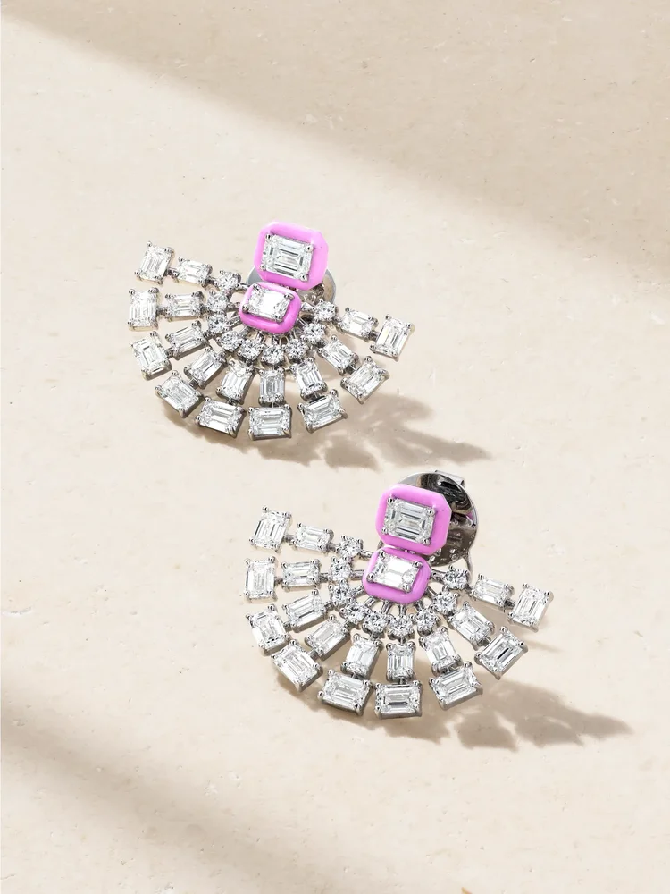 Fan 18-karat white gold, diamond and enamel earrings