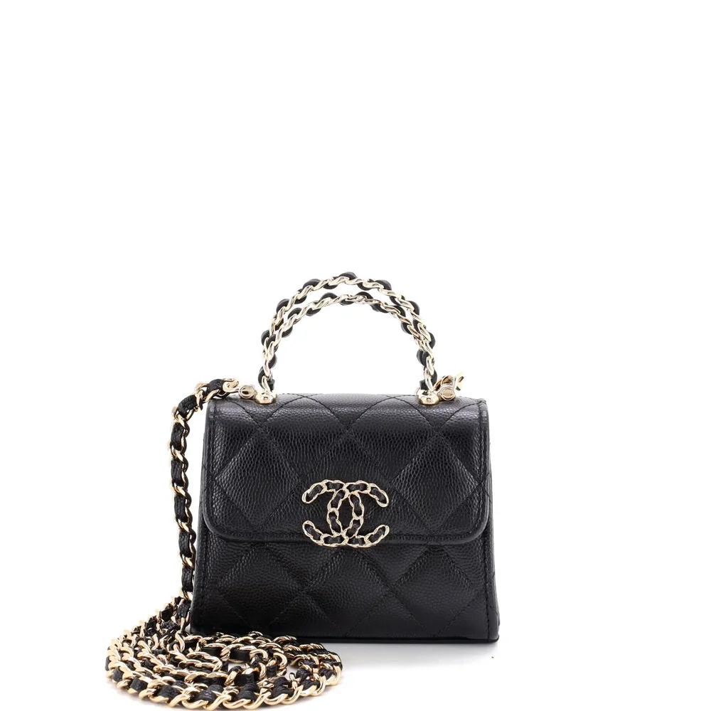 Pre-Owned Chanel Woven Chain CC Top Handle Flap Clutch with Chain Quilted Caviar Mini