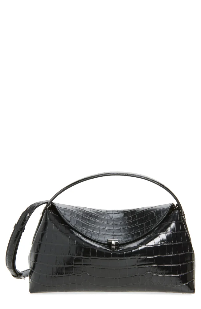 T-Lock Croc Embossed Leather Top Handle Bag