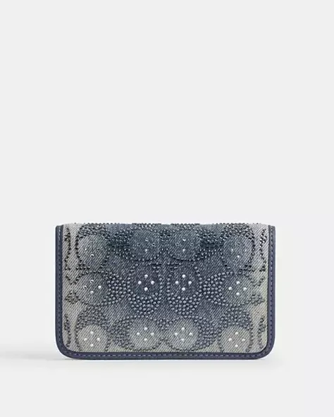 Essential Slim Card Case In Regenerative Cotton Denim With Crystal Signature