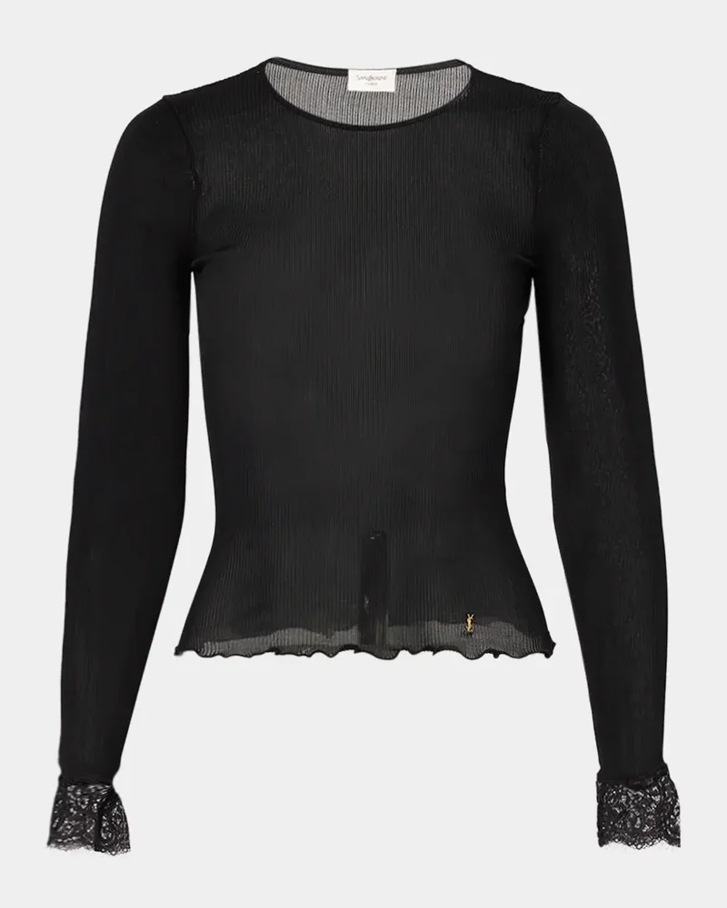 Lace Trim Wool-Cashmere Rib Jersey Long-Sleeve Top