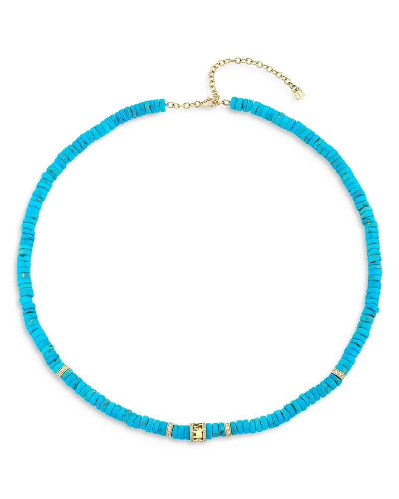 14K Yellow Gold Turquoise & Diamond Lucky Rondelle Beaded Necklace
