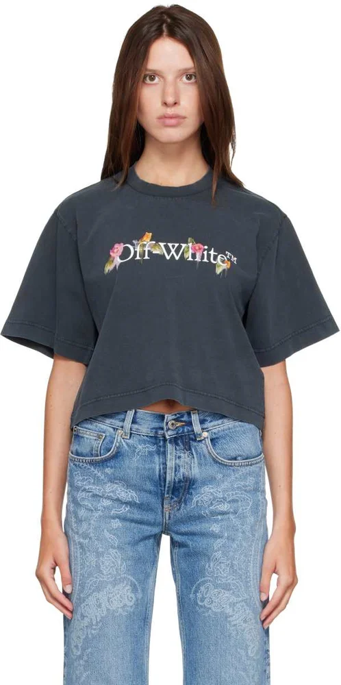 Gray Bookish Flower Crop T-shirt