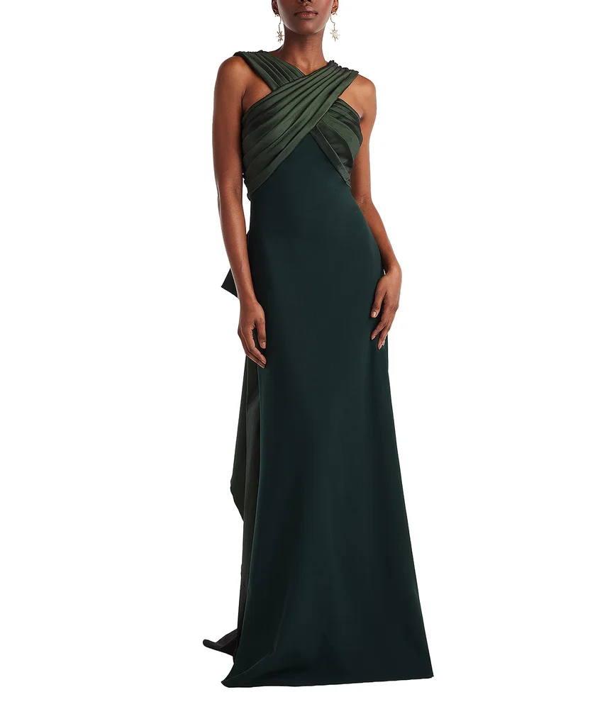 Halter Mix Media Floral Applique Train Sheath Gown