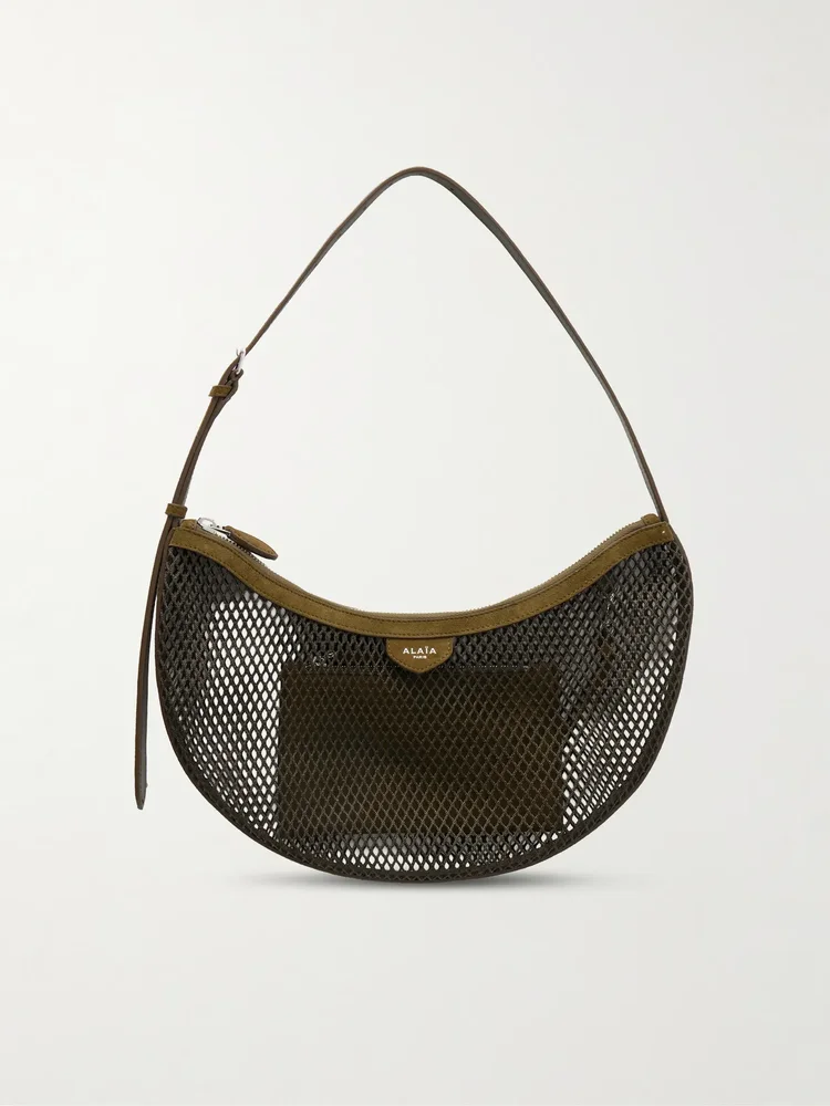 Demi Lune suede-trimmed mesh shoulder bag