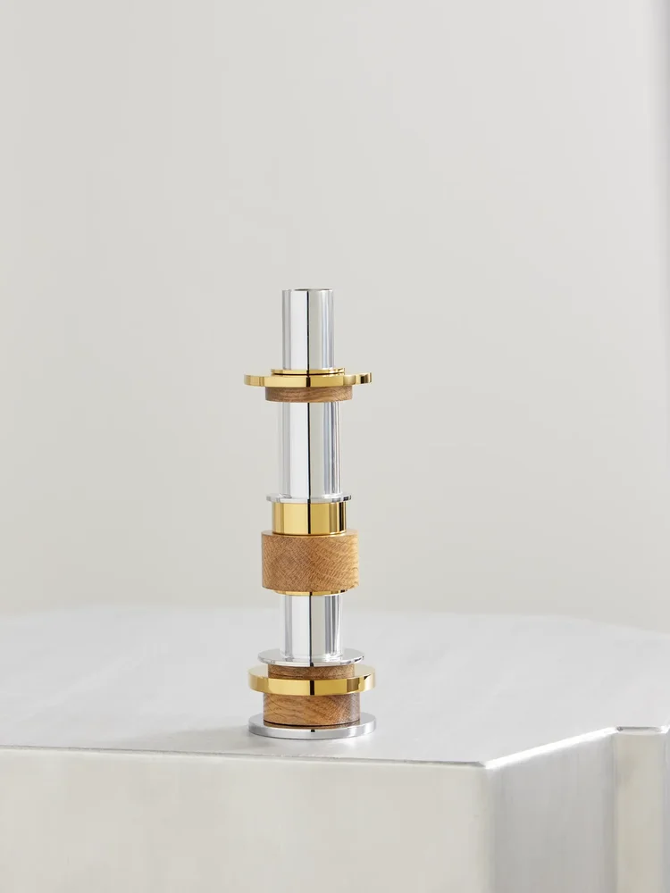 Myriade large stainless steel, gold-tone, oak and glass candle holder
