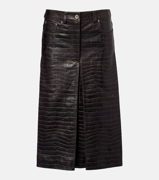 Pleated croc-effect leather midi skirt