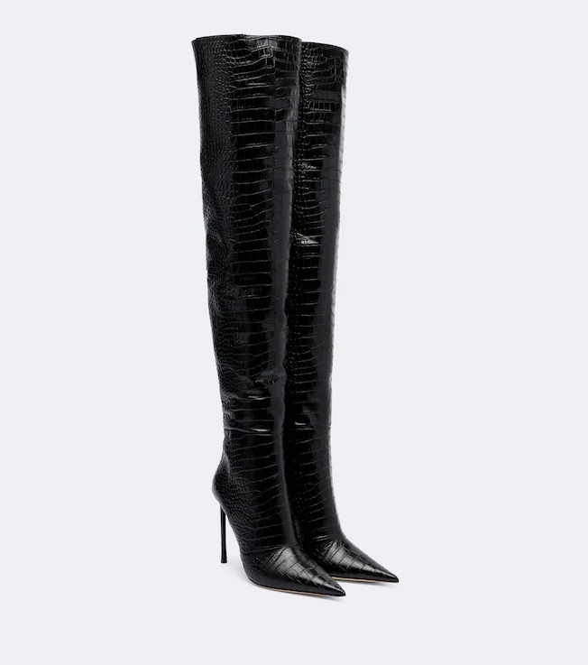 Croc-effect leather over-the-knee boots