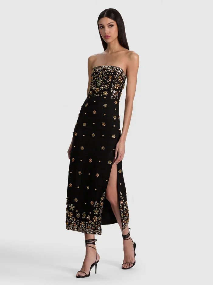 NINA EMBELLISHED MIDI DRESS - BLACK/MULTI