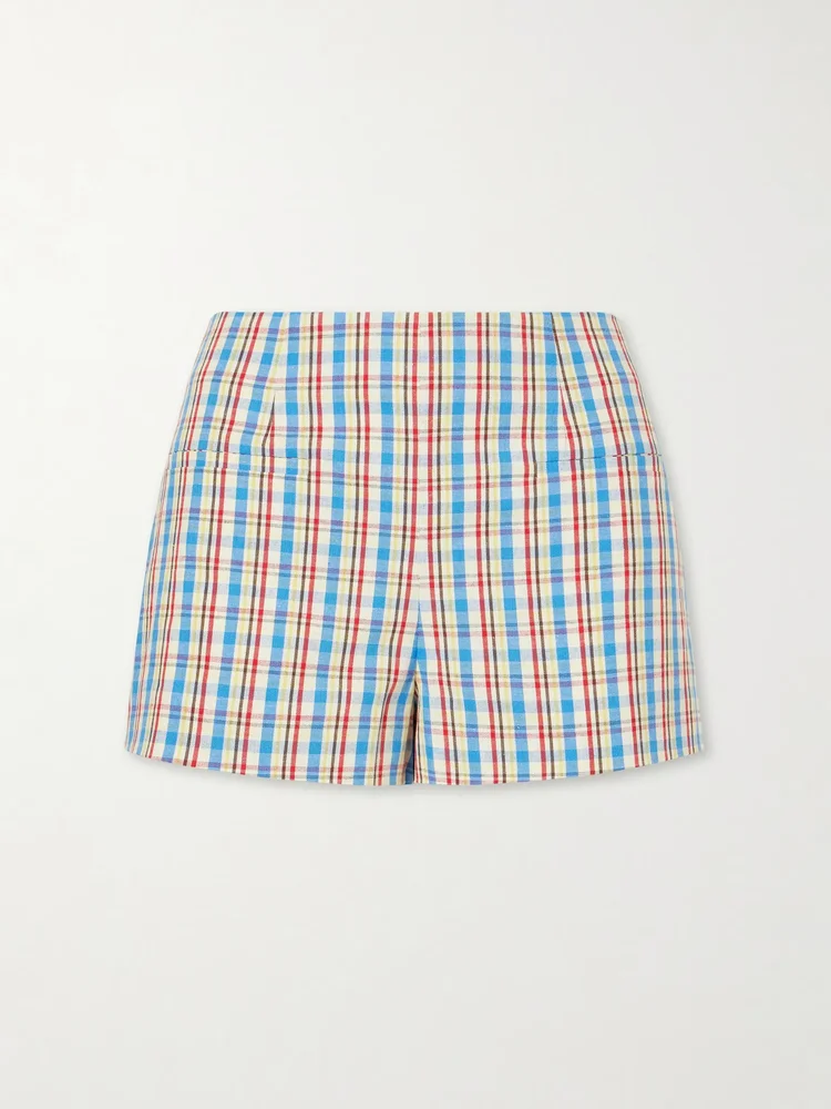 Aurora checked cotton and linen-blend shorts