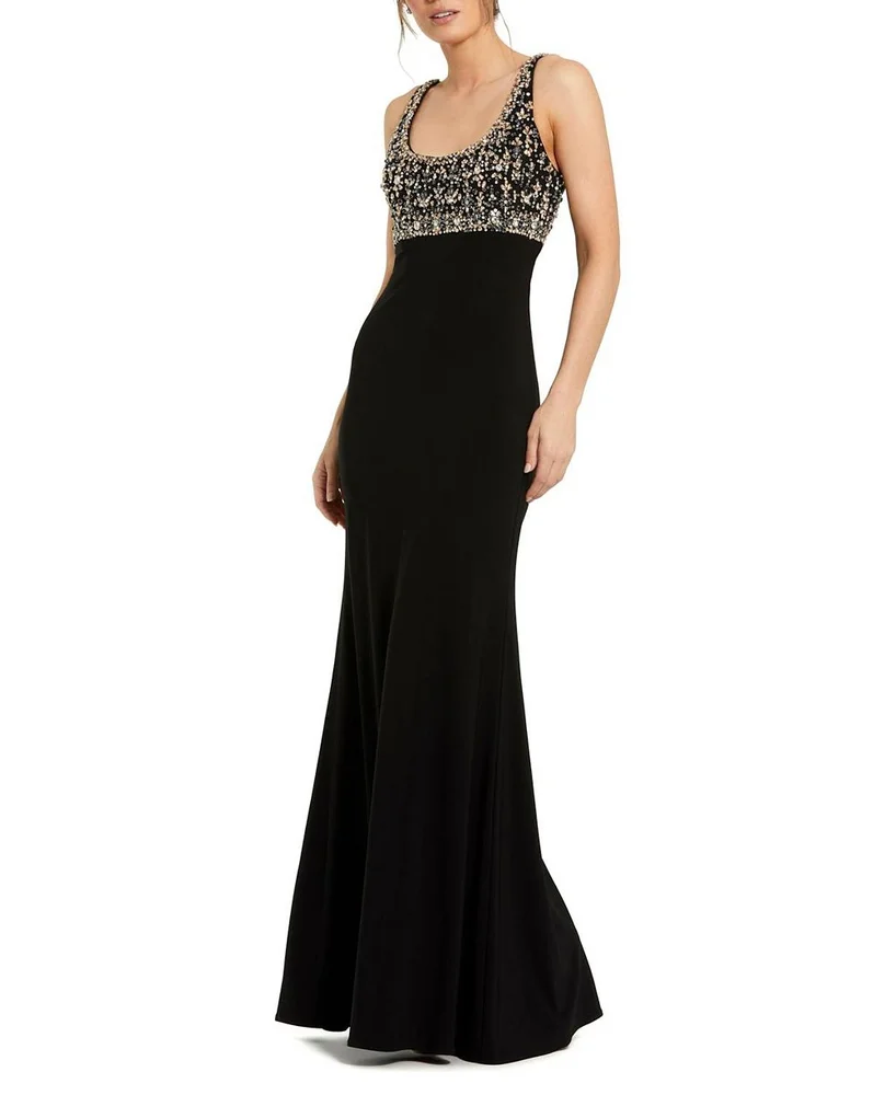 Embellished Scoop Neck Fitted Jersey Gown
