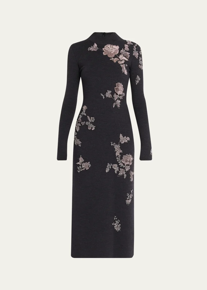 Floral Embroidered Knit Long-Sleeve Midi Dress
