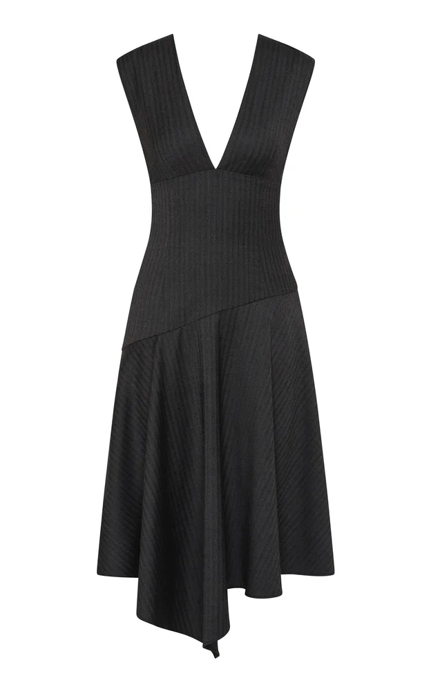 Herringbone Wool-Blend Asymmetric Midi Dress