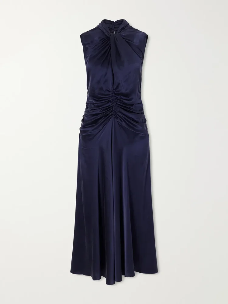Delfi gathered twist-front silk-satin midi dress