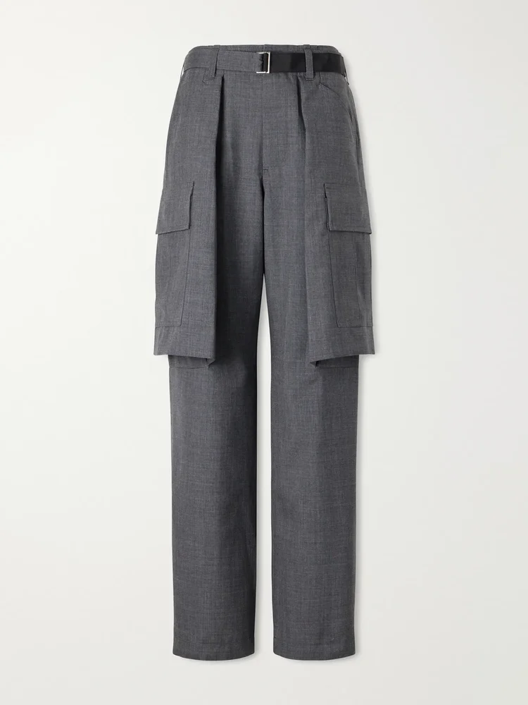 Pleated belted twill wide-leg pants