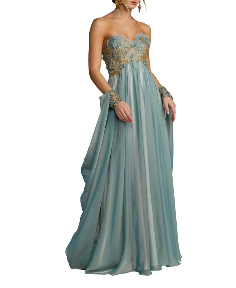 Strapless Chiffon Gown With Floral Embroidery