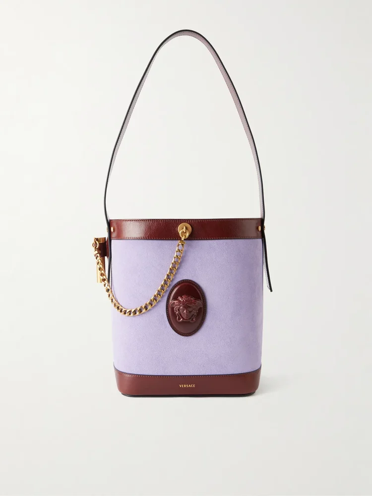 Pivot leather-trimmed suede bucket bag