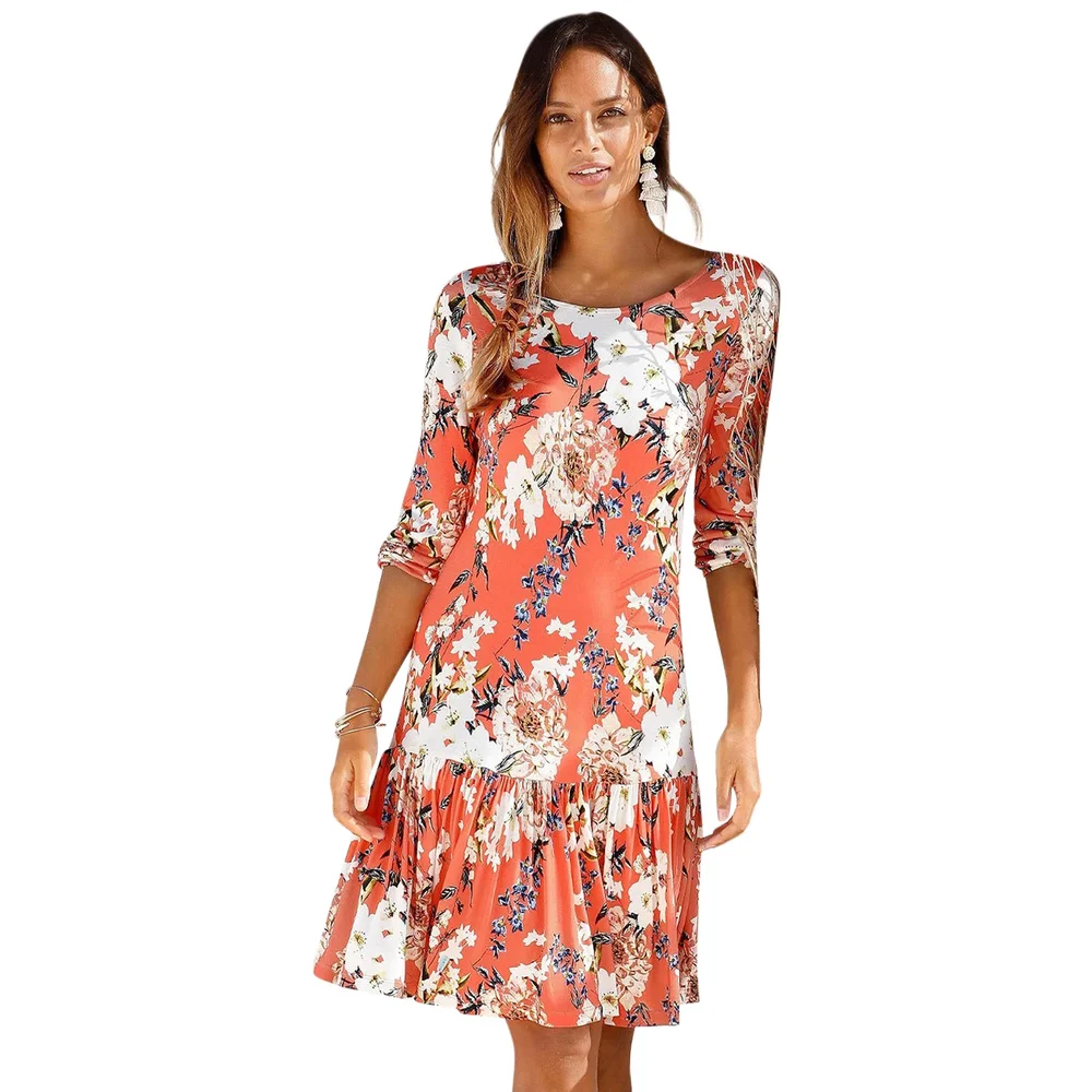 Floral Drop Waist Dress in Coral-Patterned Floral
