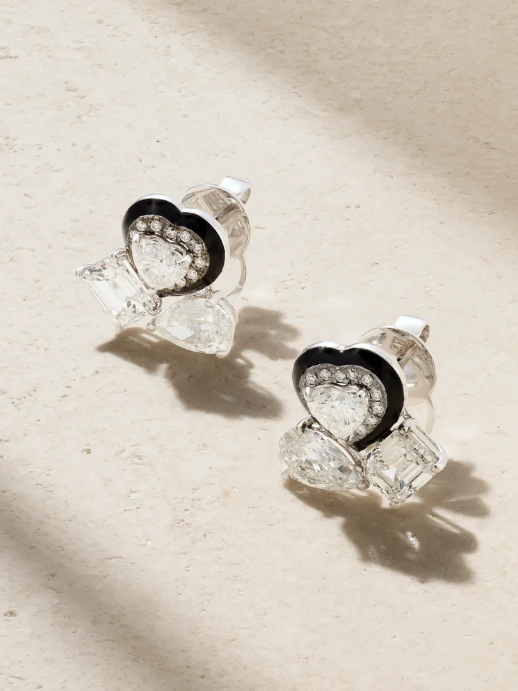 18-karat white gold, diamond and enamel earrings