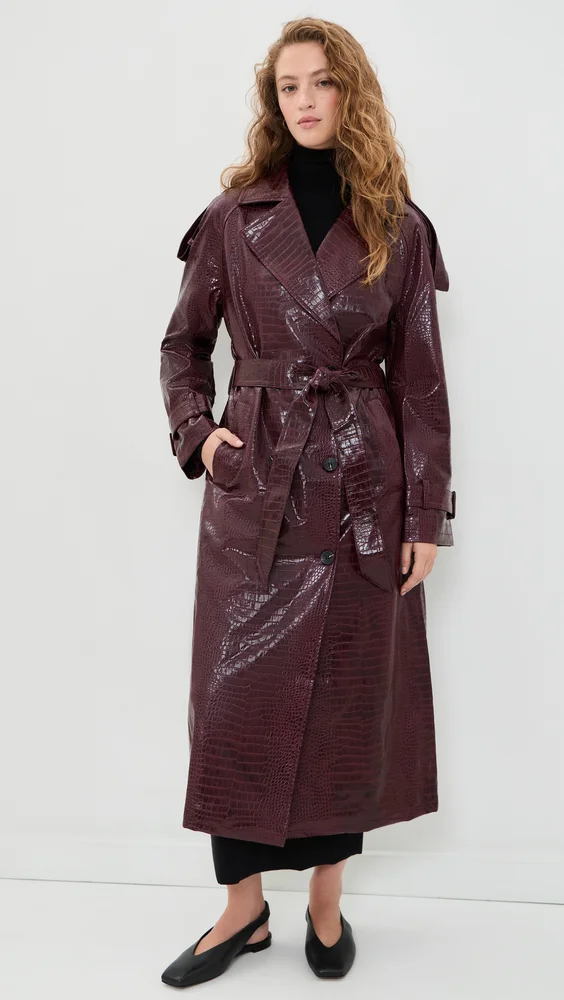 Croc-Embossed Faux Leather Belted Maxi Trench Coat