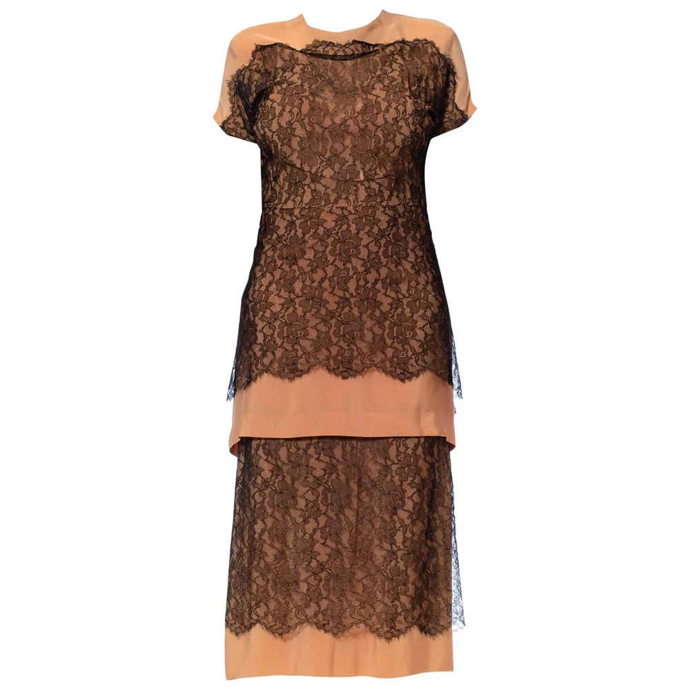 1940S Norman Original Peach Silk Faille & Black Chantilly Lace Tiered Cocktail