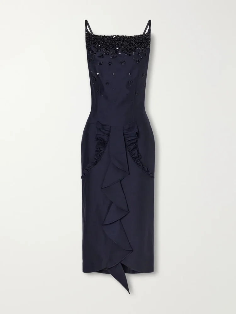 Embellished ruffled crepe midi dress