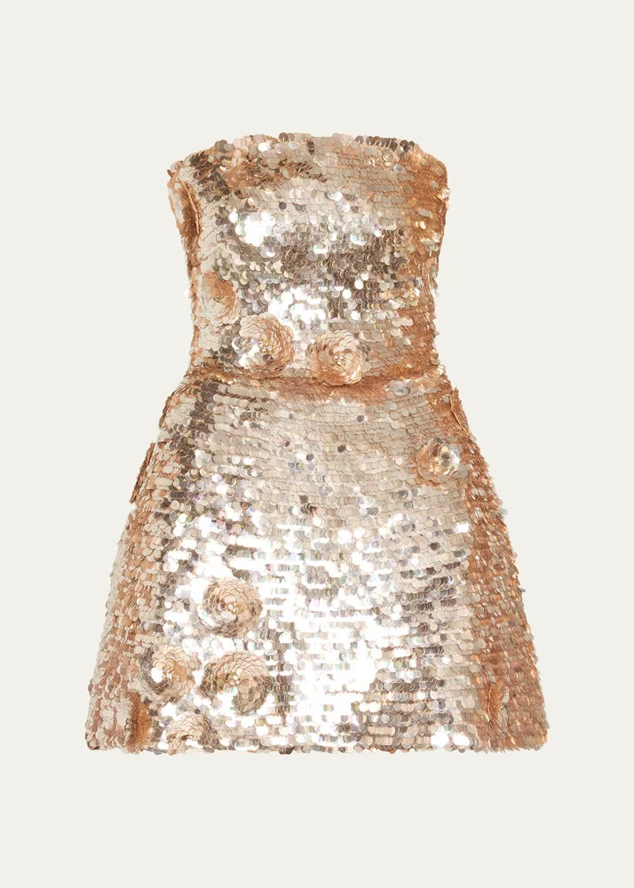 Flower Applique Strapless Sequined Mini Dress
