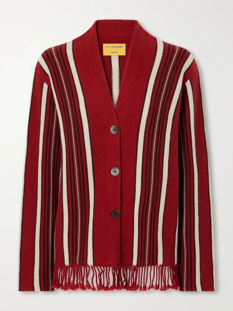 Handloom fringed striped wool and cashmere-blend cardigan