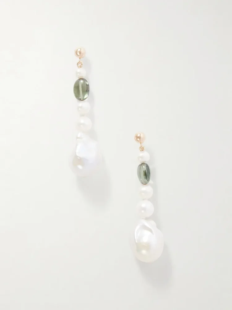 Poet 14-karat gold, pearl and tourmaline earrings