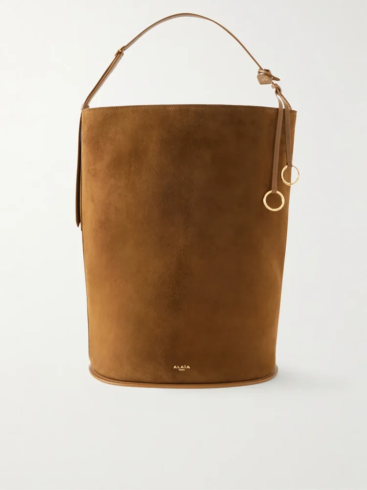 Hip large leather-trimmed suede bucket bag