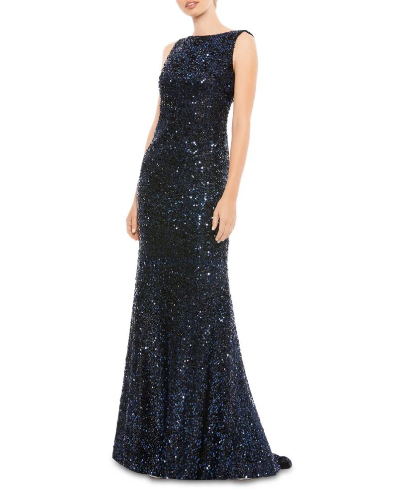 Cowl Back Boat Neck Sequined Evening Gown